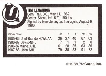 1988-89 ProCards Utica Devils (AHL) #NNO Tim Lenardon Back