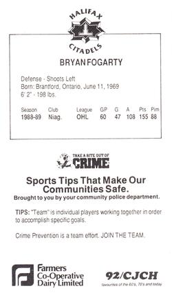 1989-90 Halifax Citadels (AHL) Police #NNO Bryan Fogarty Back