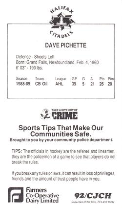 1989-90 Halifax Citadels (AHL) Police #NNO Dave Pichette Back