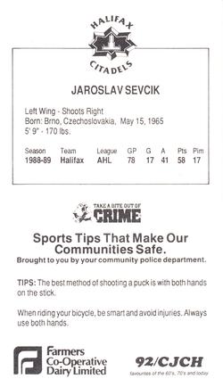 1989-90 Halifax Citadels (AHL) Police #NNO Jaroslav Sevcik Back