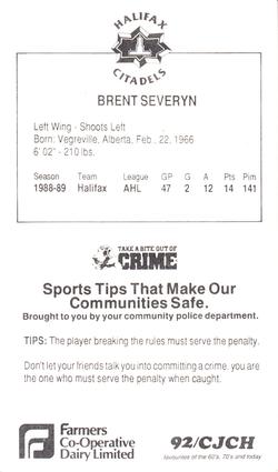 1989-90 Halifax Citadels (AHL) Police #NNO Brent Severyn Back