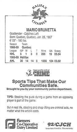 1989-90 Halifax Citadels (AHL) Police #NNO Mario Brunetta Back