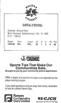 1989-90 Halifax Citadels (AHL) Police #NNO Gerald Bzdel Back