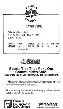 1989-90 Halifax Citadels (AHL) Police #NNO David Espe Back