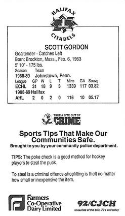 1989-90 Halifax Citadels (AHL) Police #NNO Scott Gordon Back