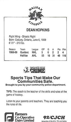 1989-90 Halifax Citadels (AHL) Police #NNO Dean Hopkins Back