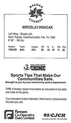 1989-90 Halifax Citadels (AHL) Police #NNO Miroslav Ihnacak Back