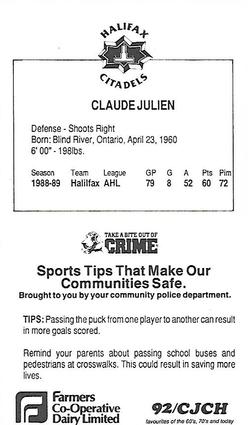 1989-90 Halifax Citadels (AHL) Police #NNO Claude Julien Back