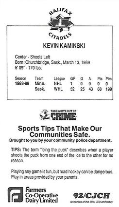 1989-90 Halifax Citadels (AHL) Police #NNO Kevin Kaminski Back
