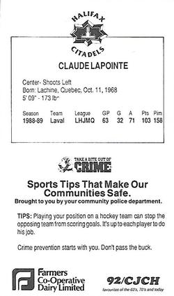 1989-90 Halifax Citadels (AHL) Police #NNO Claude Lapointe Back