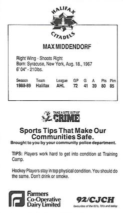 1989-90 Halifax Citadels (AHL) Police #NNO Max Middendorf Back