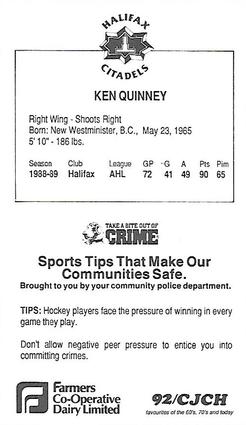 1989-90 Halifax Citadels (AHL) Police #NNO Ken Quinney Back