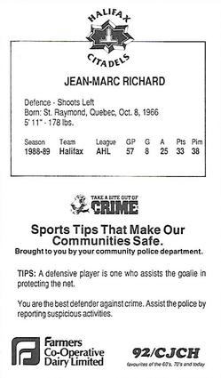 1989-90 Halifax Citadels (AHL) Police #NNO Jean-Marc Richard Back