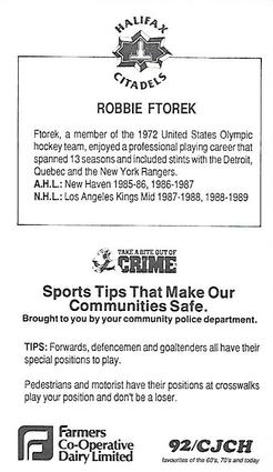 1989-90 Halifax Citadels (AHL) Police #NNO Robbie Ftorek Back