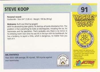 1992 Action Hockey Freaks #91 Steve Koop Back