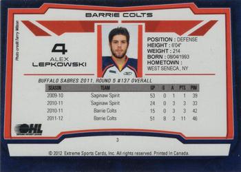 2012-13 Extreme Barrie Colts (OHL) #3 Alex Lepkowski Back