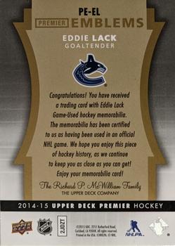 2014-15 Upper Deck Premier - Premier Emblems #PE-EL Eddie Lack Back