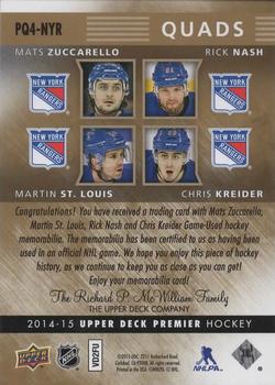 2014-15 Upper Deck Premier - Premier Quads Patches #PQ4-NYR Mats Zuccarello / Martin St. Louis / Rick Nash / Chris Kreider Back