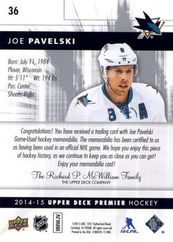 2014-15 Upper Deck Premier - Silver Spectrum #36 Joe Pavelski Back