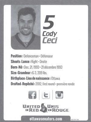 2014-15 Ottawa Senators #NNO Cody Ceci Back