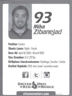 2014-15 Ottawa Senators #NNO Mika Zibanejad Back
