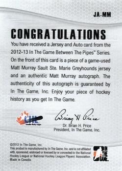 2012-13 In The Game Between The Pipes - Jersey & Auto #JA-MM Matt Murray Back