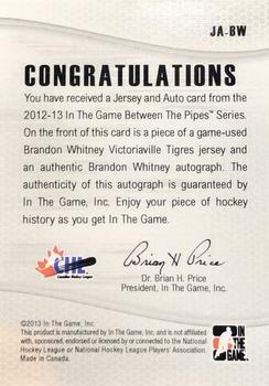 2012-13 In The Game Between The Pipes - Jersey & Auto #JA-BW Brandon Whitney Back