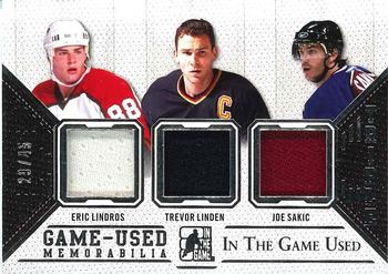 2015 Leaf In The Game Used - Game-Used Jersey Trios Silver Foil #GU3J-16 Eric Lindros / Trevor Linden / Joe Sakic Front