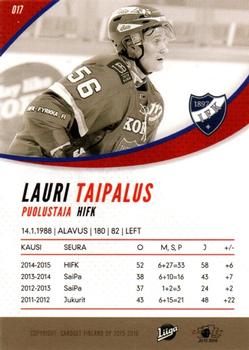 2015-16 Cardset Finland #017 Lauri Taipalus Back