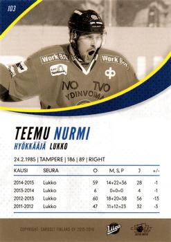 2015-16 Cardset Finland #103 Teemu Nurmi Back