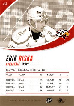 2015-16 Cardset Finland #138 Erik Riska Back