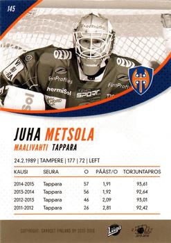 2015-16 Cardset Finland #145 Juha Metsola Back