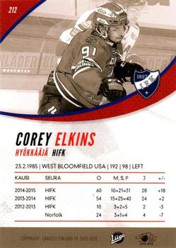 2015-16 Cardset Finland #212 Corey Elkins Back