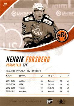 2015-16 Cardset Finland #217 Henrik Forsberg Back