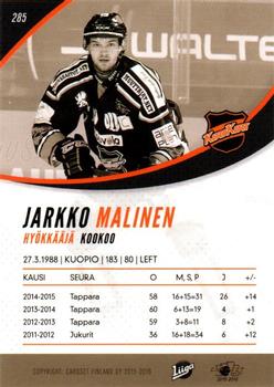 2015-16 Cardset Finland #285 Jarkko Malinen Back