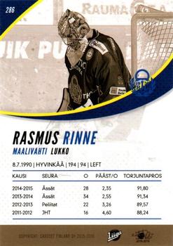2015-16 Cardset Finland #286 Rasmus Rinne Back