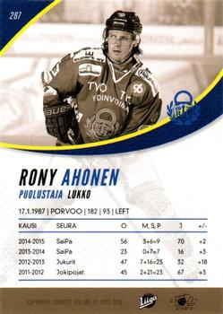 2015-16 Cardset Finland #287 Rony Ahonen Back