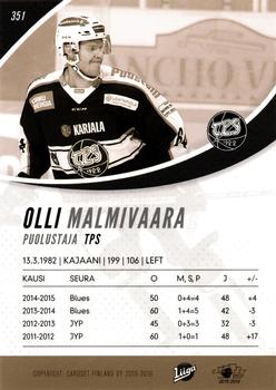 2015-16 Cardset Finland #351 Olli Malmivaara Back