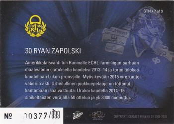 2015-16 Cardset Finland - Guarding the Net Special Edition #GTN-7 Ryan Zapolski Back
