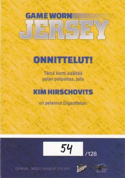 2015-16 Cardset Finland - Game Worn Jersey Series 1 Exchange #NNO Kim Hirschovits Back