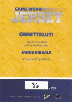 2015-16 Cardset Finland - Game Worn Jersey Series 1 Exchange #NNO Janne Niskala Back