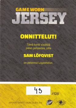 2015-16 Cardset Finland - Game Worn Jersey Series 1 Exchange #NNO Sam Löfqvist Back
