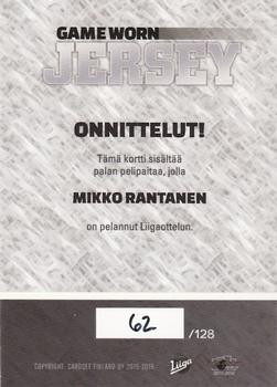 2015-16 Cardset Finland - Game Worn Jersey Series 1 Exchange #NNO Mikko Rantanen Back