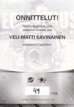 2015-16 Cardset Finland - Patch Series 1 Exchange #NNO Veli-Matti Savinainen Back