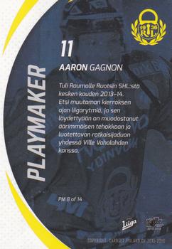 2015-16 Cardset Finland - Playmakers #PM8 Aaron Gagnon Back