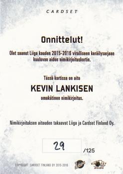 2015-16 Cardset Finland - Signature #NNO Kevin Lankinen Back