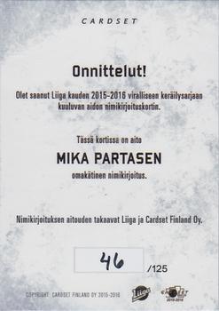 2015-16 Cardset Finland - Signature #NNO Mika Partanen Back