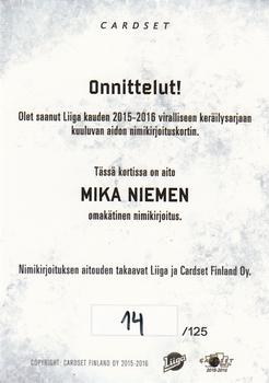 2015-16 Cardset Finland - Signature #NNO Mika Niemi Back