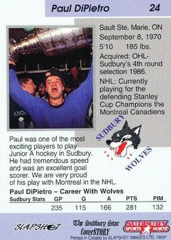 1993-94 Slapshot Sudbury Wolves (OHL) #24 Paul DiPietro Back