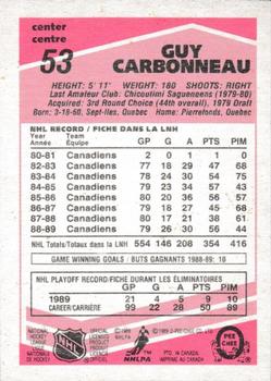 1989-90 O-Pee-Chee - Tembec Test White Backs #53 Guy Carbonneau Back